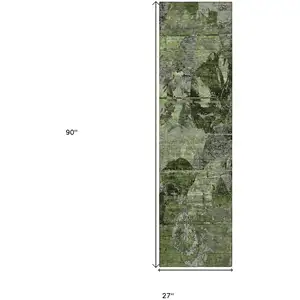 Photo of 8' Runner Green and Gray Floral Washable Non Skid Indoor Outdoor Runner Rug