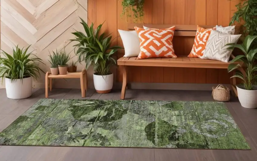 Green and Gray Abstract Washable Indoor Outdoor Runner Rug Photo 1