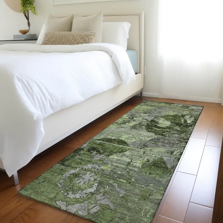 Green and Gray Abstract Washable Indoor Outdoor Runner Rug Photo 8