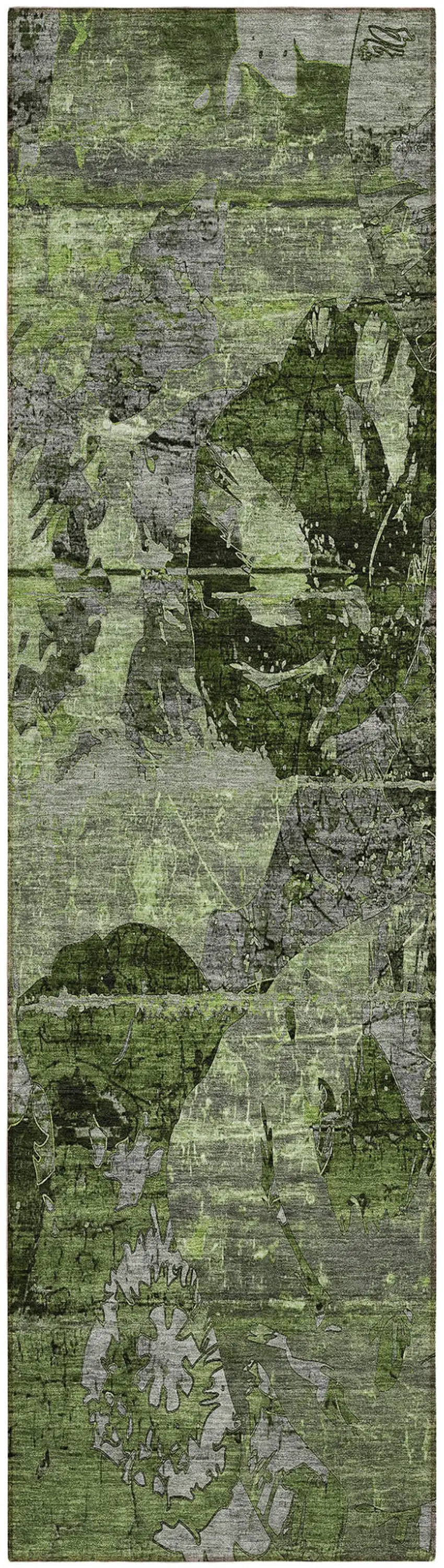 Green and Gray Abstract Washable Indoor Outdoor Runner Rug Photo 2