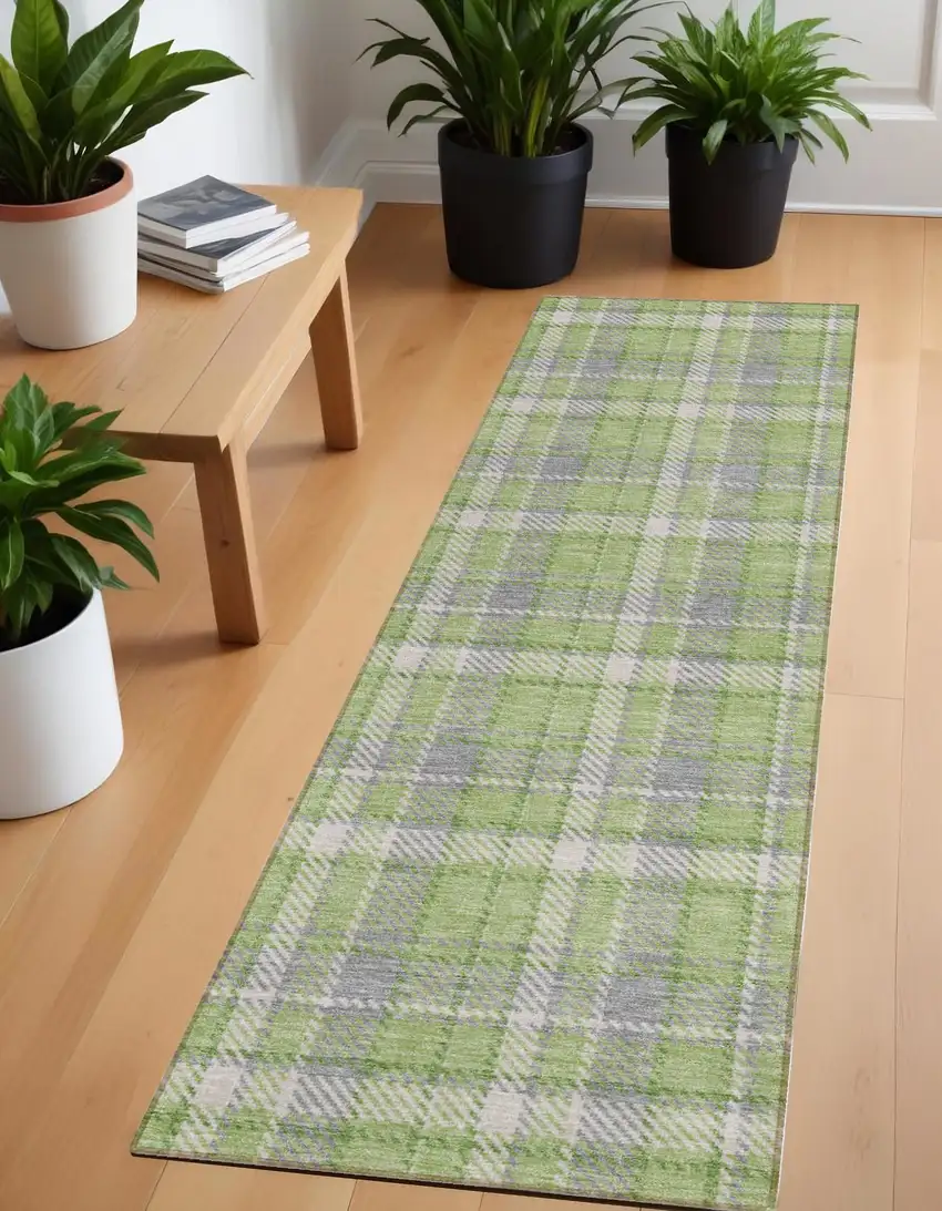 Green and Gray Plaid Washable Non Skid Indoor Outdoor Runner Rug Photo 1
