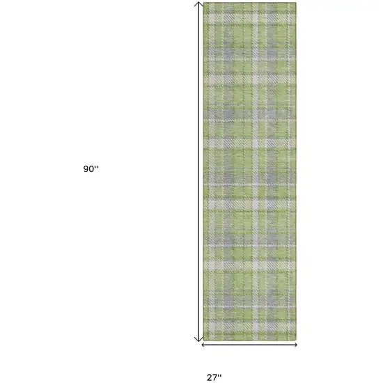 Green and Gray Plaid Washable Non Skid Indoor Outdoor Runner Rug Photo 3