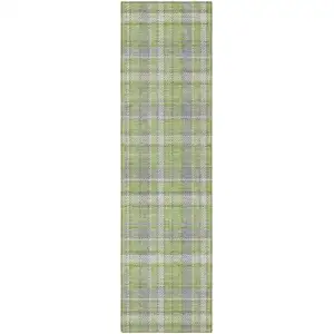 Photo of 8' Runner Green and Gray Plaid Washable Non Skid Indoor Outdoor Runner Rug