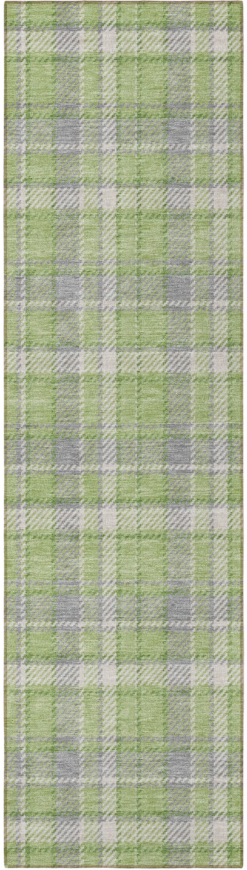 8' Runner Green and Gray Plaid Washable Non Skid Indoor Outdoor Runner Rug Photo 4