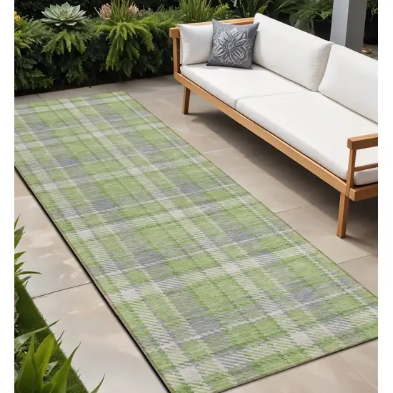 Green and Gray Plaid Washable Non Skid Indoor Outdoor Runner Rug Photo 1