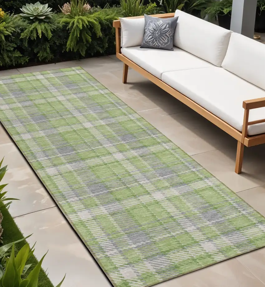 Green and Gray Plaid Washable Non Skid Indoor Outdoor Runner Rug Photo 1