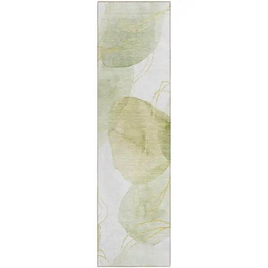 Green and Ivory Abstract Washable Non Skid Indoor Outdoor Runner Rug Photo 2