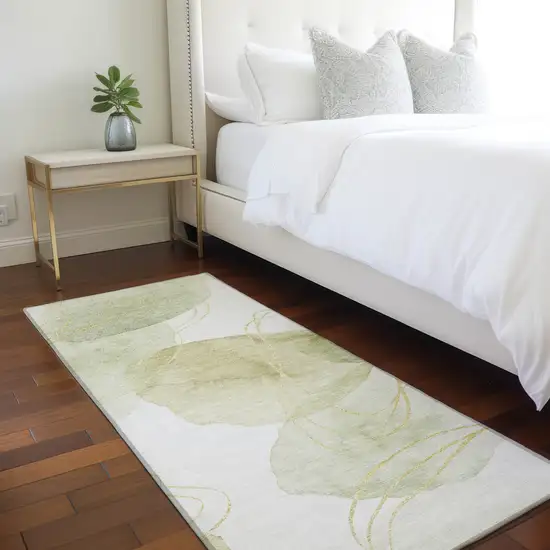 Green and Ivory Abstract Washable Non Skid Indoor Outdoor Runner Rug Photo 7