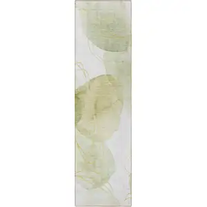 Photo of 8' Runner Green and Ivory Abstract Washable Non Skid Indoor Outdoor Runner Rug