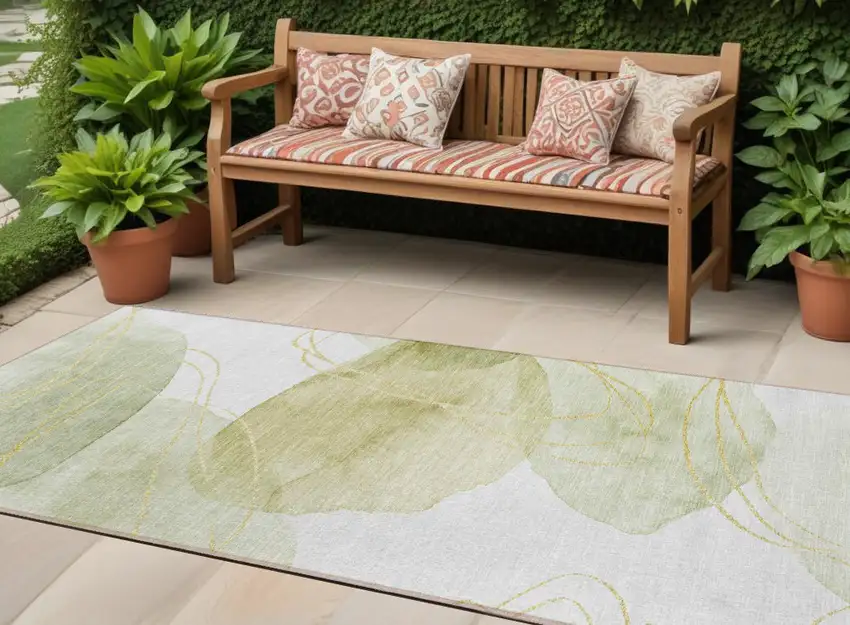 Green and Ivory Abstract Washable Non Skid Indoor Outdoor Runner Rug Photo 1
