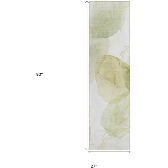 Green and Ivory Abstract Washable Non Skid Indoor Outdoor Runner Rug Photo 3