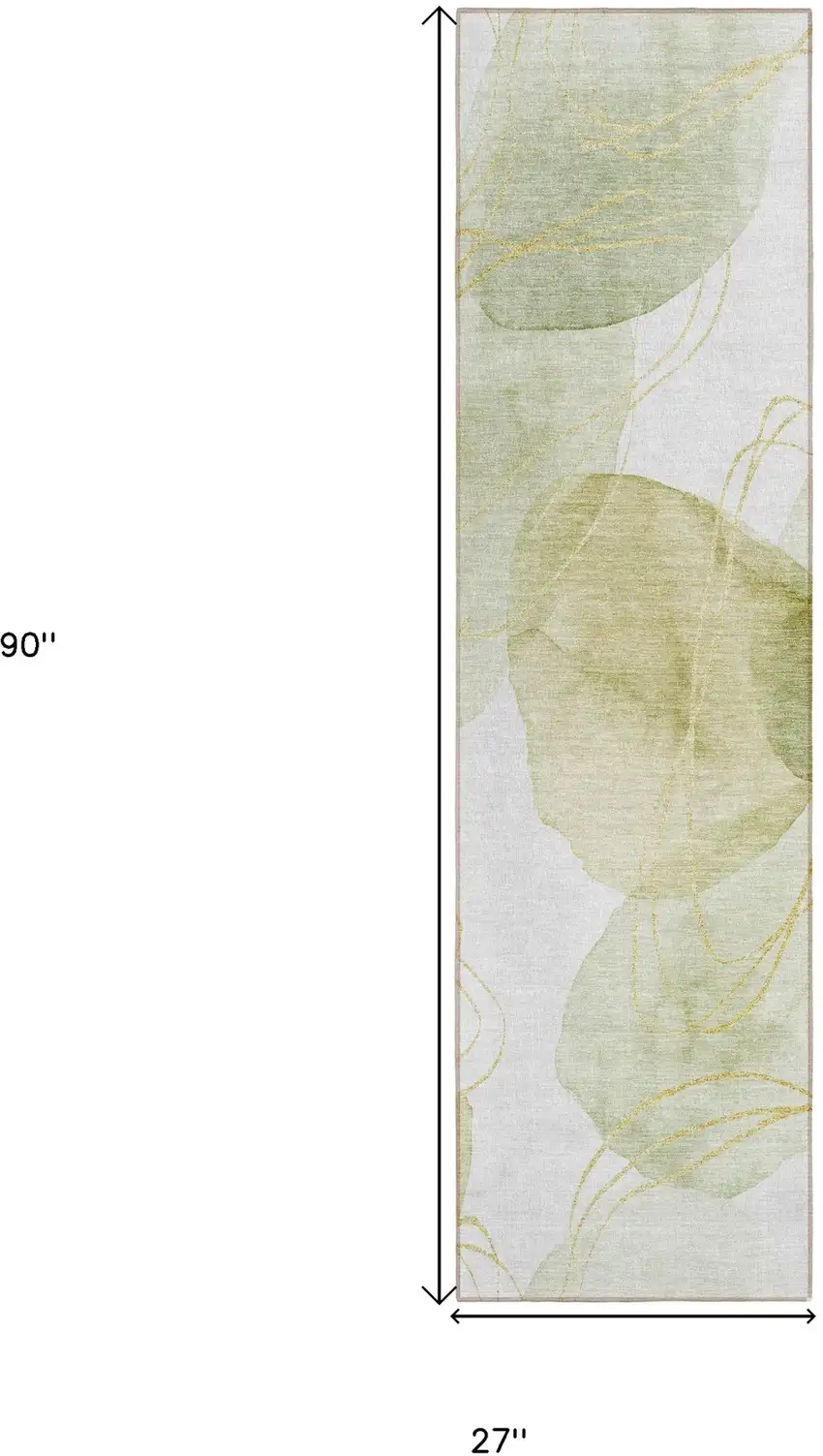 Green and Ivory Abstract Washable Non Skid Indoor Outdoor Runner Rug Photo 3