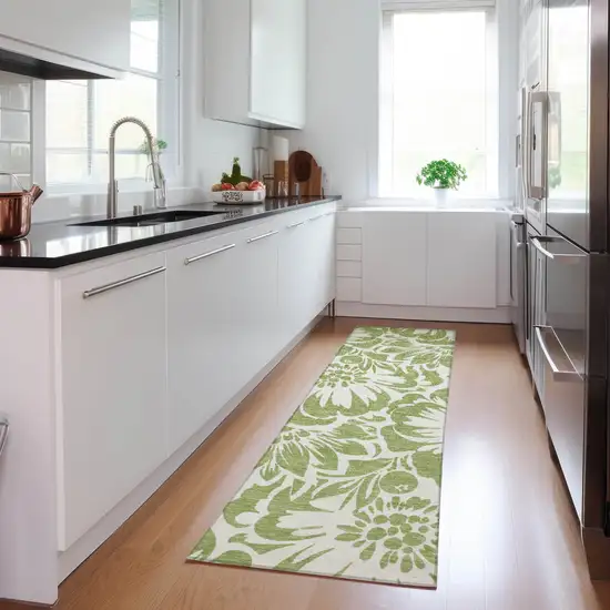 Green and Ivory Floral Washable Non Skid Indoor Outdoor Runner Rug Photo 9