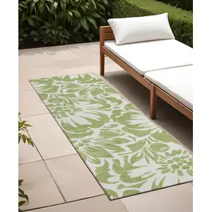 Photo of 8' Runner Green and Ivory Floral Washable Non Skid Indoor Outdoor Runner Rug