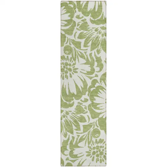 Green and Ivory Floral Washable Non Skid Indoor Outdoor Runner Rug Photo 2