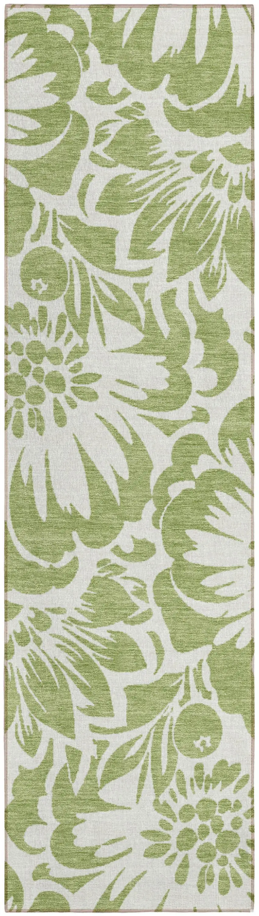 Green and Ivory Floral Washable Non Skid Indoor Outdoor Runner Rug Photo 2