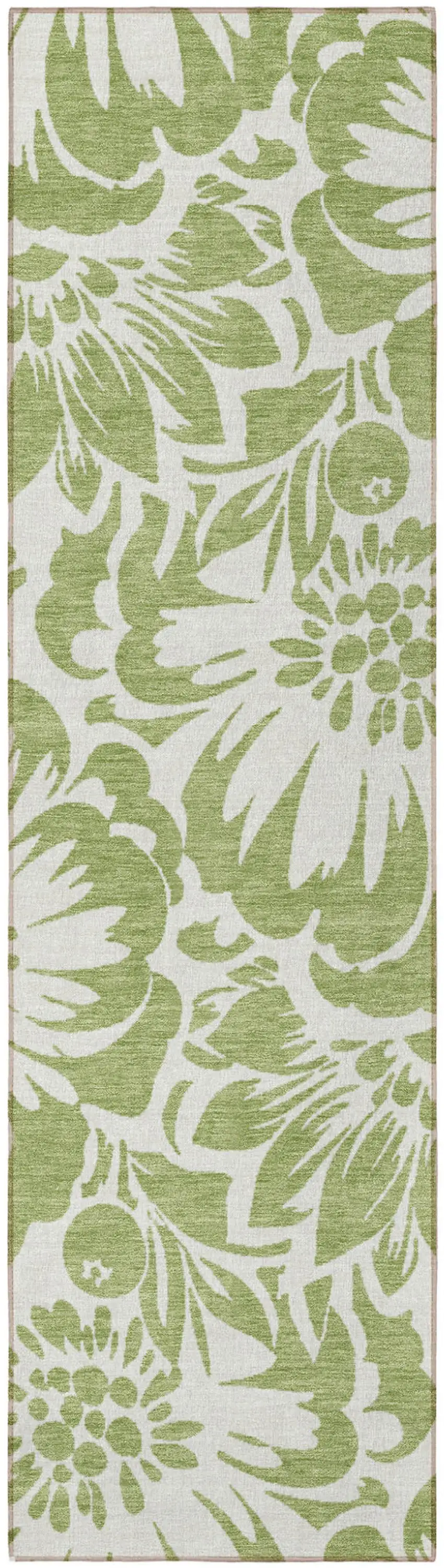 Green and Ivory Floral Washable Non Skid Indoor Outdoor Runner Rug Photo 4