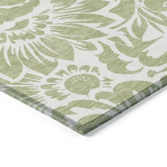 Green and Ivory Floral Washable Non Skid Indoor Outdoor Runner Rug Photo 7