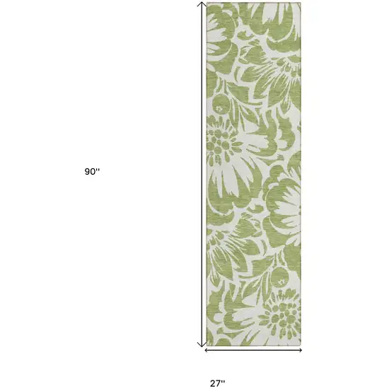 Green and Ivory Floral Washable Non Skid Indoor Outdoor Runner Rug Photo 3