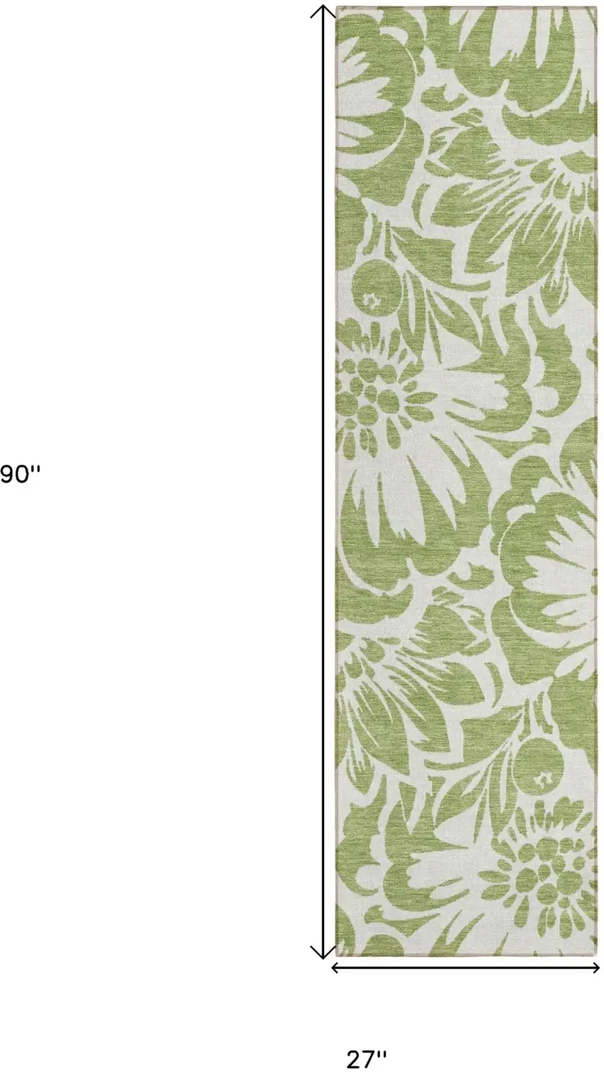 Green and Ivory Floral Washable Non Skid Indoor Outdoor Runner Rug Photo 3