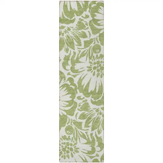 Green and Ivory Floral Washable Non Skid Indoor Outdoor Runner Rug Photo 5