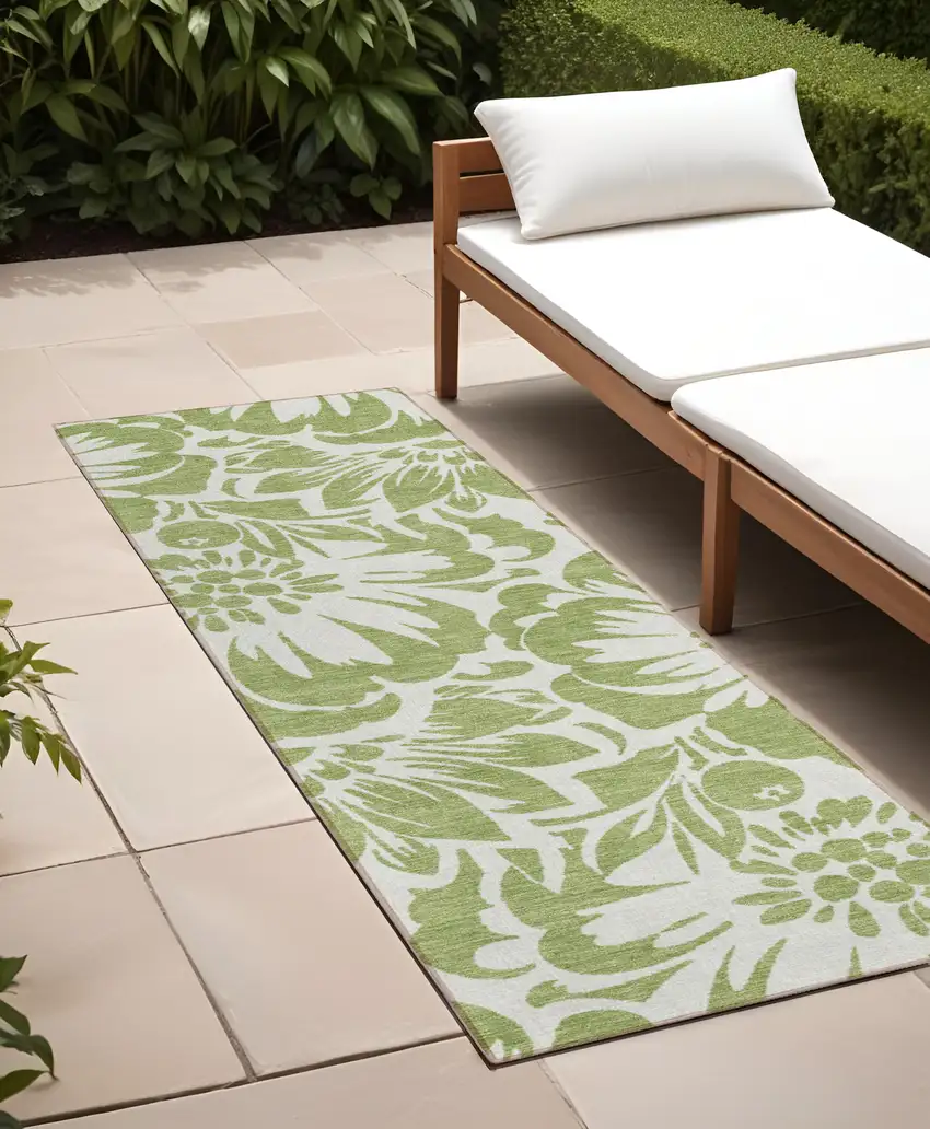 Green and Ivory Floral Washable Non Skid Indoor Outdoor Runner Rug Photo 1