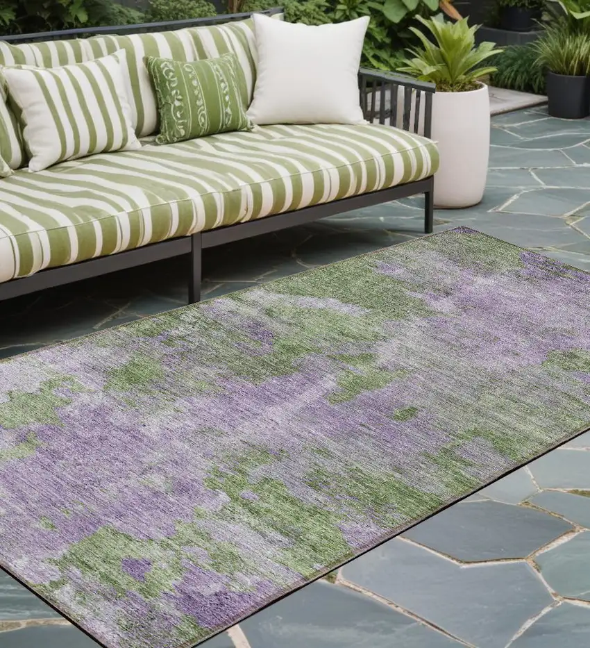 8' Runner Green and Purple Abstract Washable Non Skid Indoor Outdoor Runner Rug Photo 1