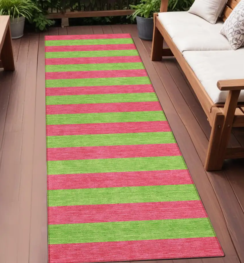 Green and Red Striped Washable Indoor Outdoor Runner Rug Photo 1