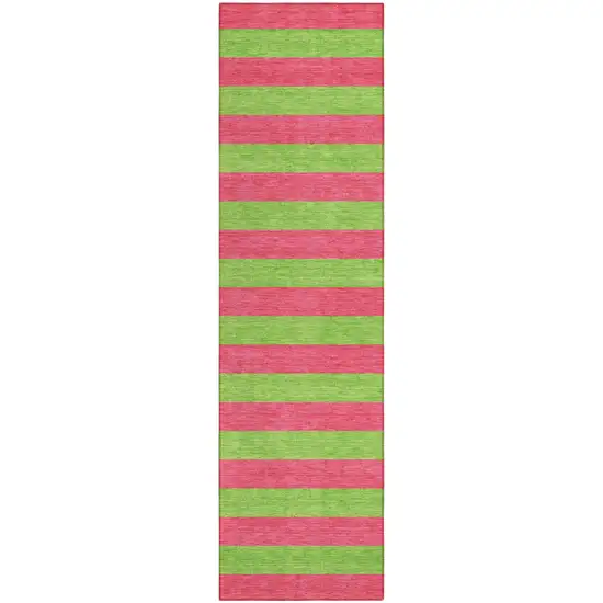 Green and Red Striped Washable Indoor Outdoor Runner Rug Photo 2