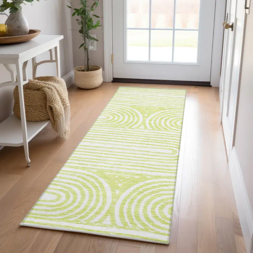 Green and White Abstract Washable Non Skid Indoor Outdoor Runner Rug Photo 9