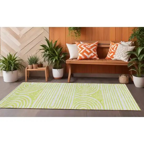 Green and White Abstract Washable Non Skid Indoor Outdoor Runner Rug Photo 1