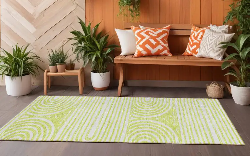 Green and White Abstract Washable Non Skid Indoor Outdoor Runner Rug Photo 1