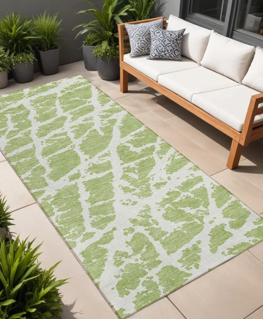 8' Runner Green and White Abstract Washable Non Skid Indoor Outdoor Runner Rug Photo 1