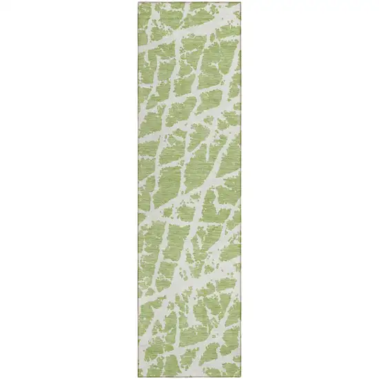 Green and White Abstract Washable Non Skid Indoor Outdoor Runner Rug Photo 2