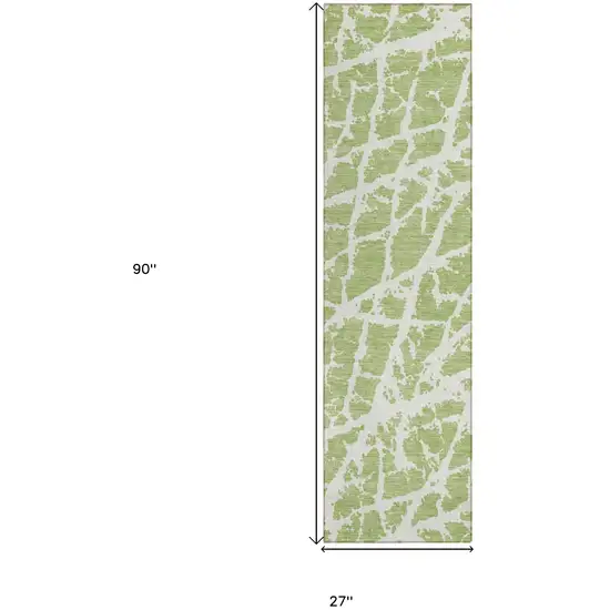 Green and White Abstract Washable Non Skid Indoor Outdoor Runner Rug Photo 3