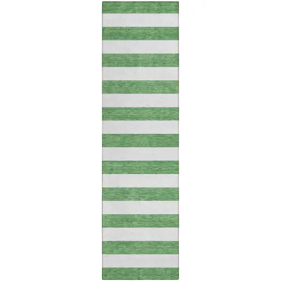 Green and White Striped Washable Indoor Outdoor Runner Rug Photo 2