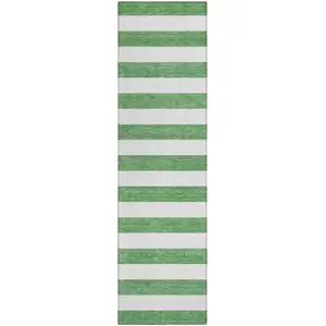 Photo of 8' Runner Green and White Striped Washable Non Skid Indoor Outdoor Runner Rug