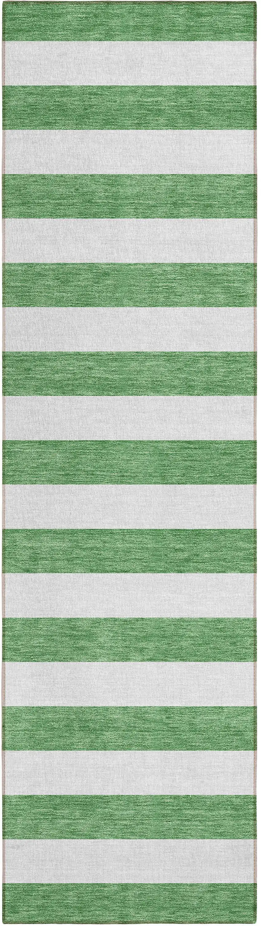 Green and White Striped Washable Indoor Outdoor Runner Rug Photo 2