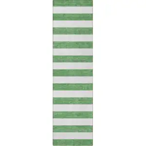 Photo of 8' Runner Green and White Striped Washable Non Skid Indoor Outdoor Runner Rug
