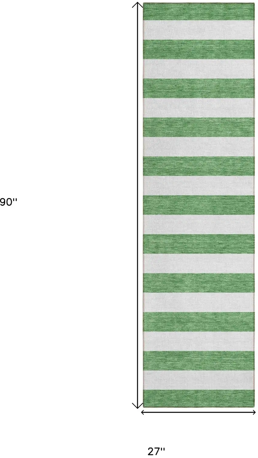 Green and White Striped Washable Indoor Outdoor Runner Rug Photo 3