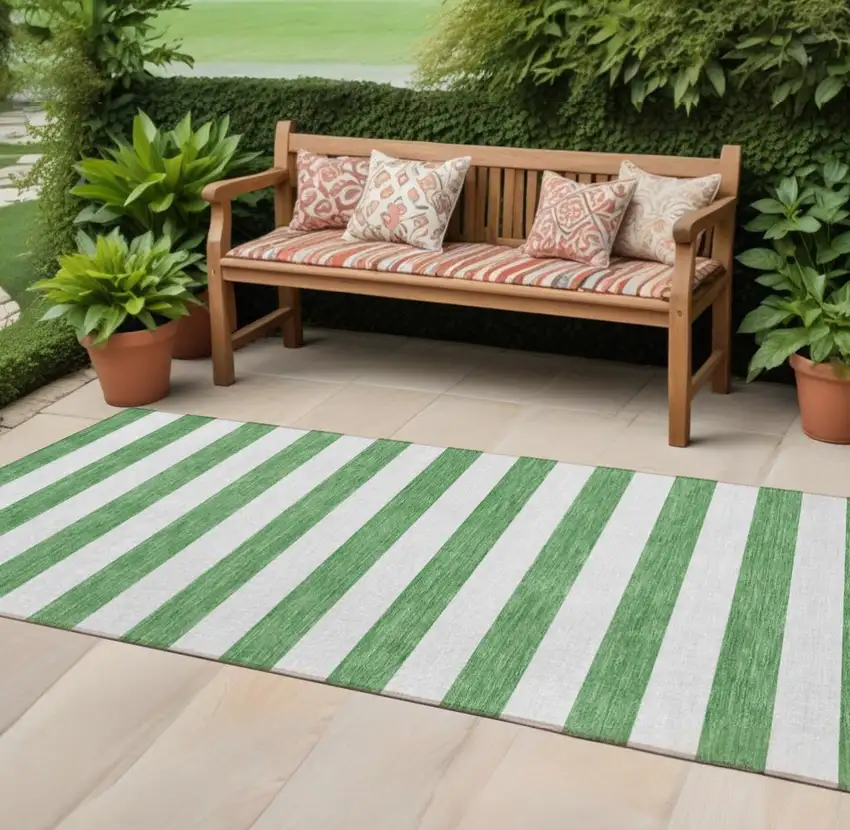 Green and White Striped Washable Indoor Outdoor Runner Rug Photo 1