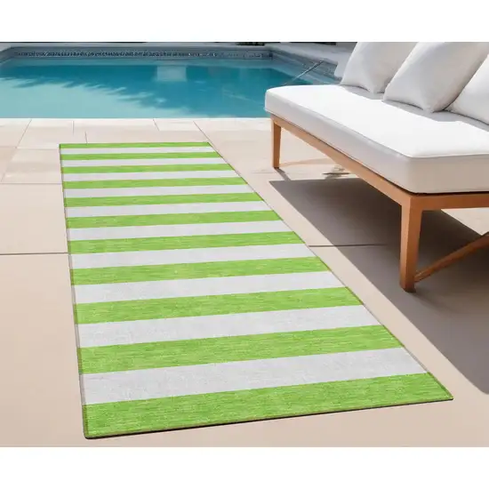 Lime Green and White Striped Washable Indoor Outdoor Runner Rug Photo 1