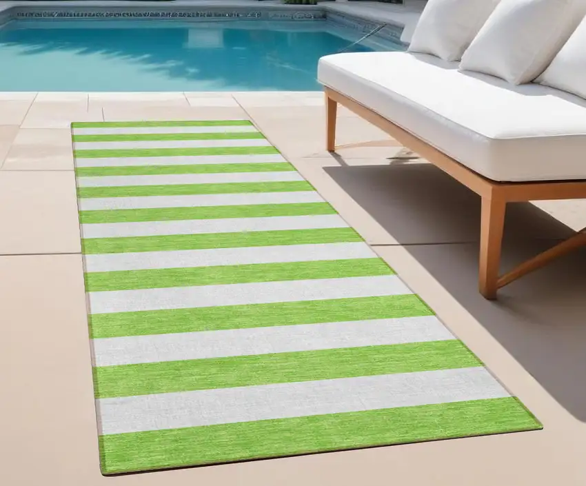 Lime Green and White Striped Washable Indoor Outdoor Runner Rug Photo 1