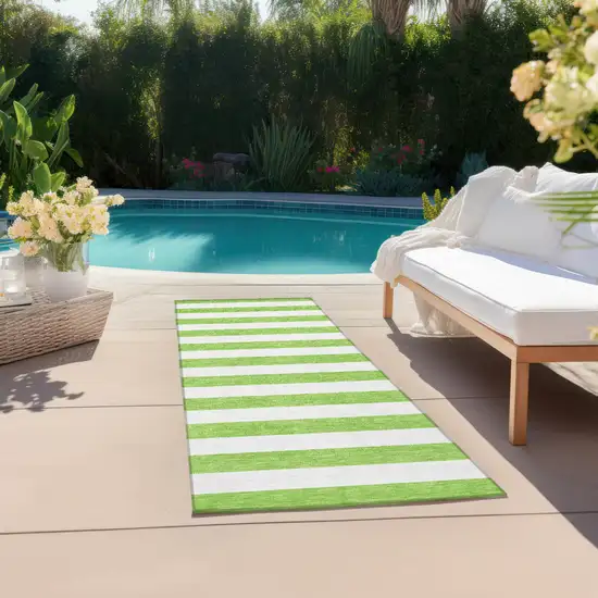Lime Green and White Striped Washable Indoor Outdoor Runner Rug Photo 7