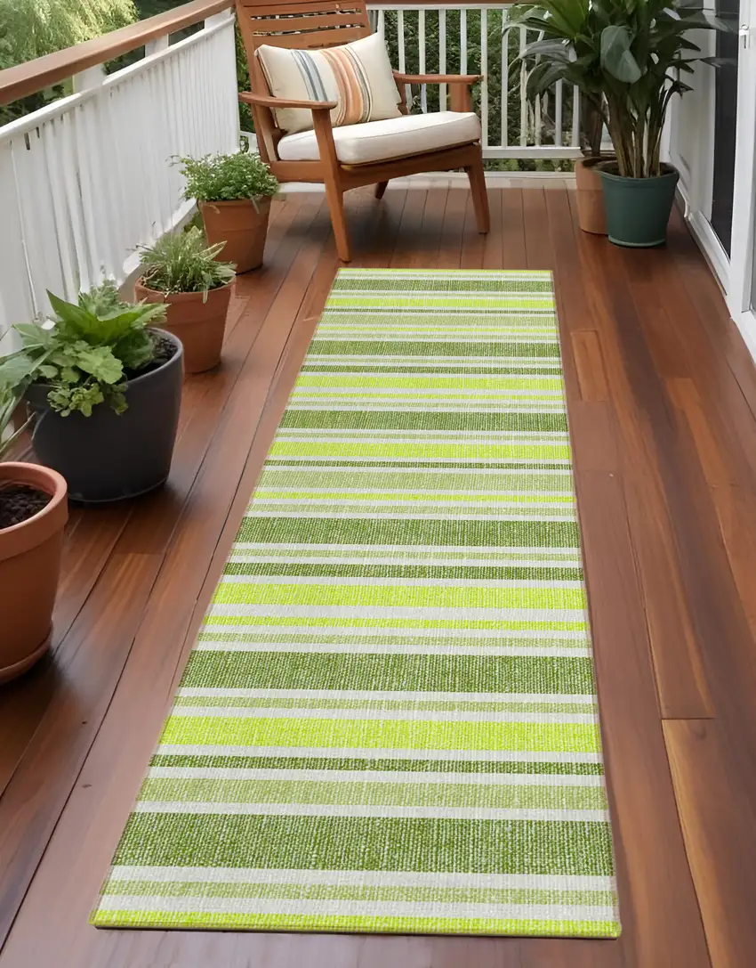 Green and Yellow Striped Washable Indoor Outdoor Runner Rug Photo 1