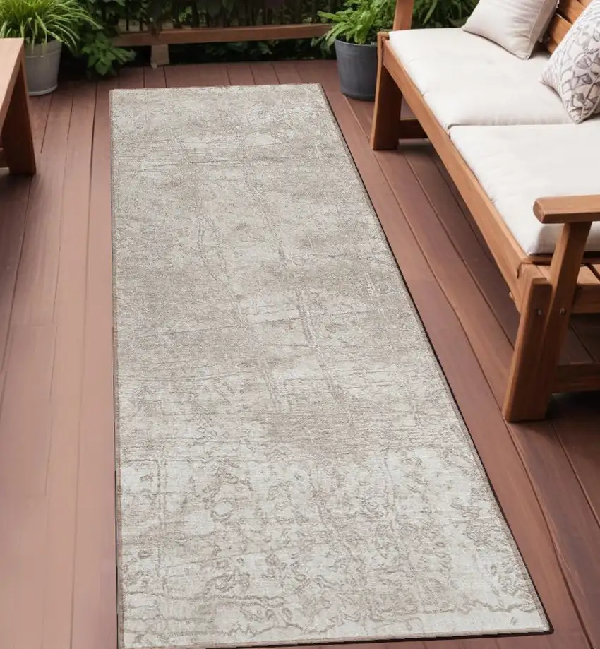 Ivory Abstract Washable Non Skid Indoor Outdoor Runner Rug Photo 1