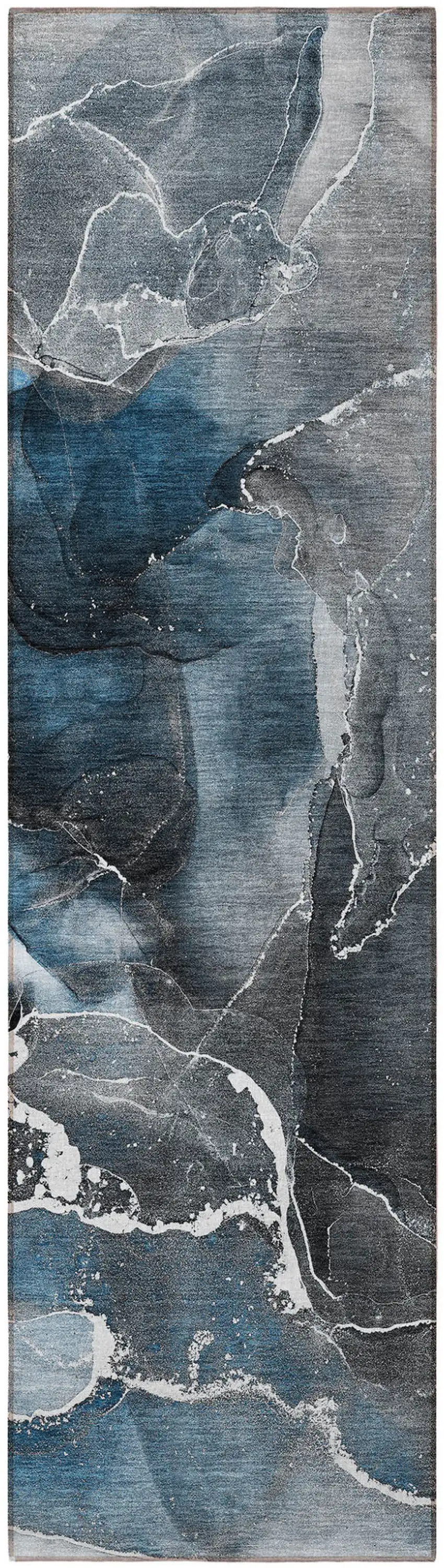 8' Runner Ivory Blue and Gray Abstract Washable Non Skid Indoor Outdoor Runner Rug Photo 5