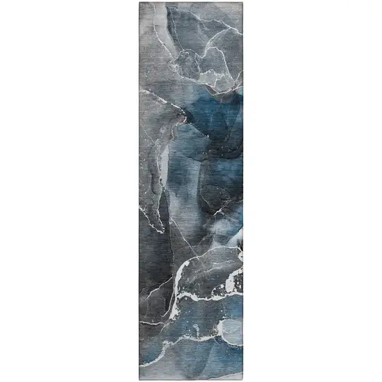 8' Runner Ivory Blue and Gray Abstract Washable Non Skid Indoor Outdoor Runner Rug Photo 2