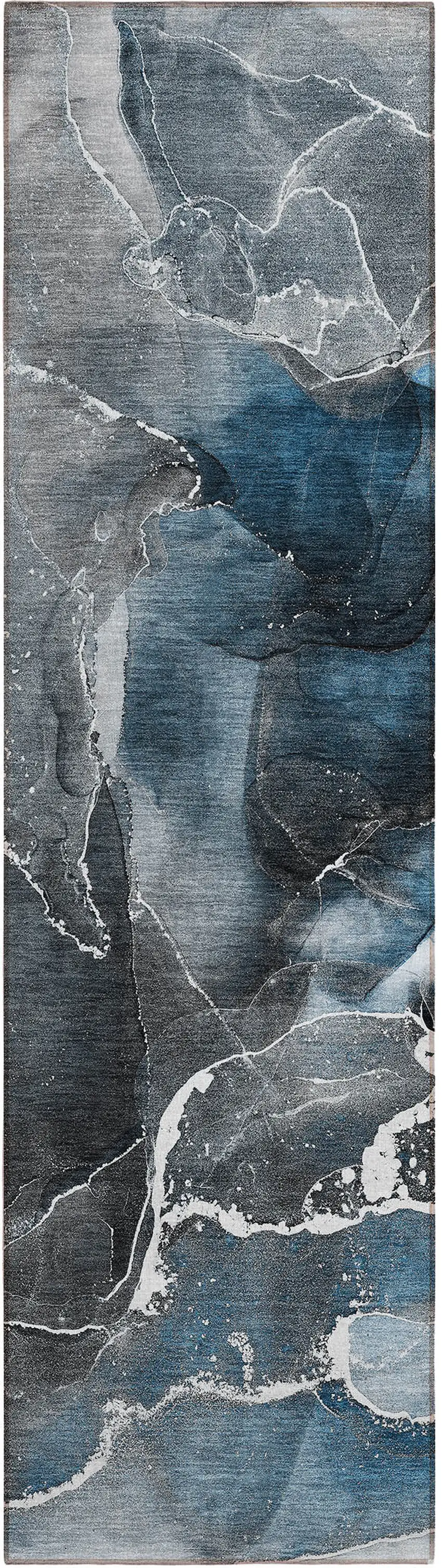 8' Runner Ivory Blue and Gray Abstract Washable Non Skid Indoor Outdoor Runner Rug Photo 2
