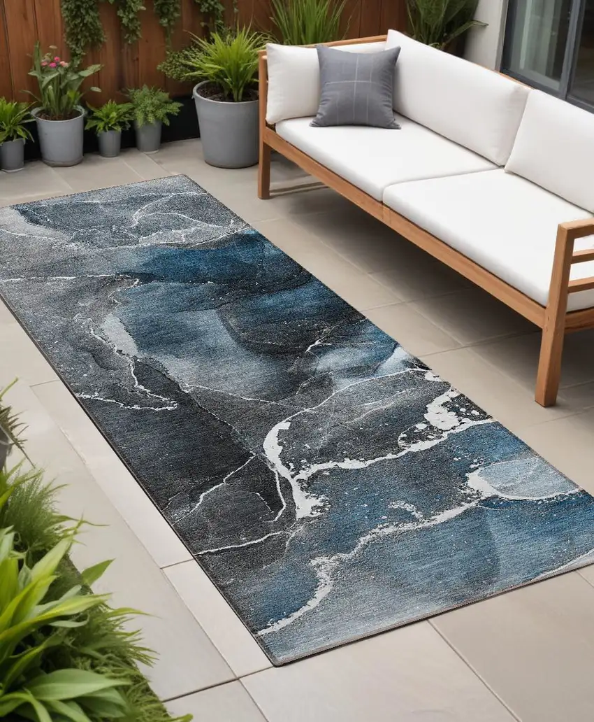 8' Runner Ivory Blue and Gray Abstract Washable Non Skid Indoor Outdoor Runner Rug Photo 1